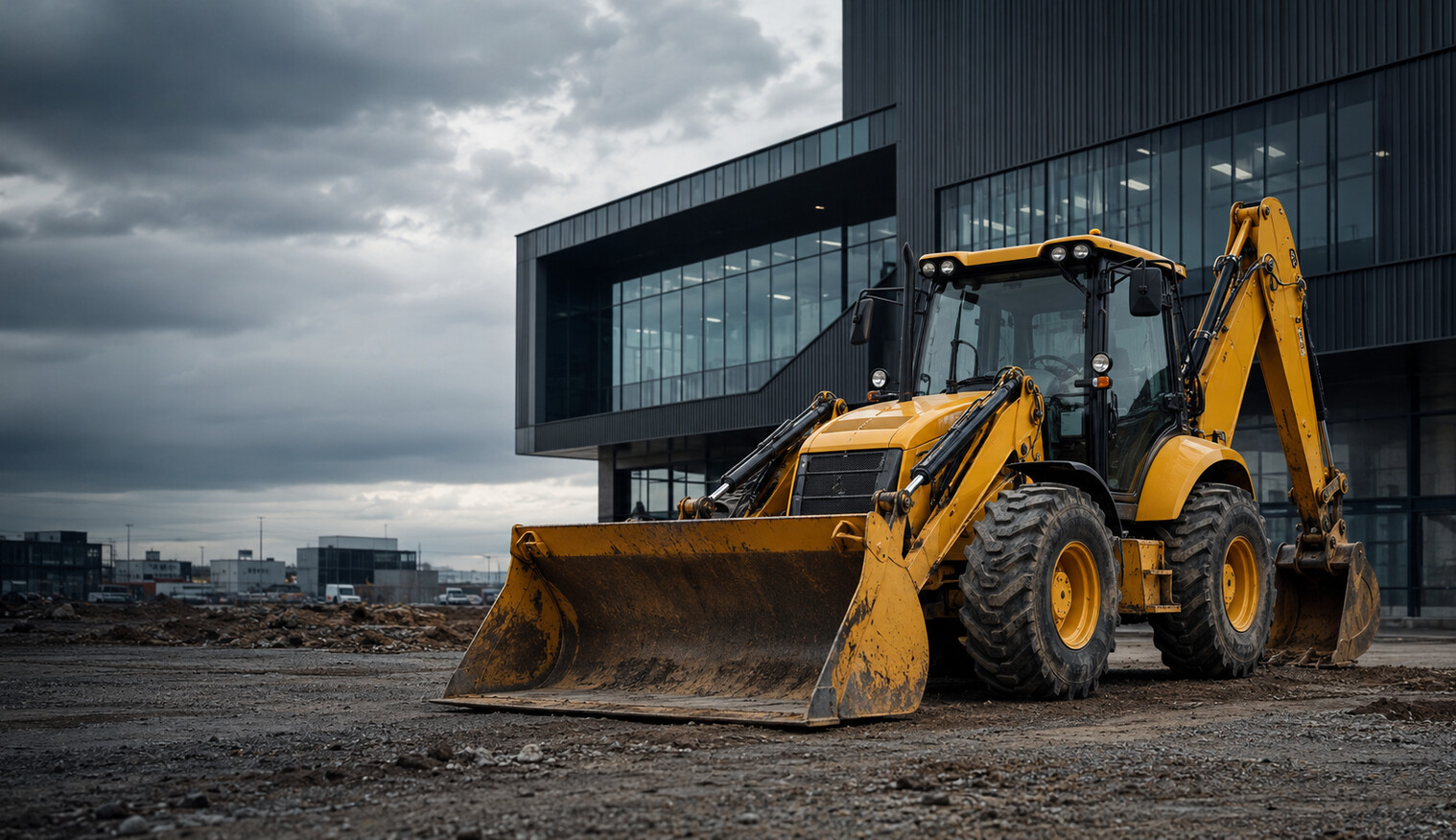 Yellow construction backhoe on site